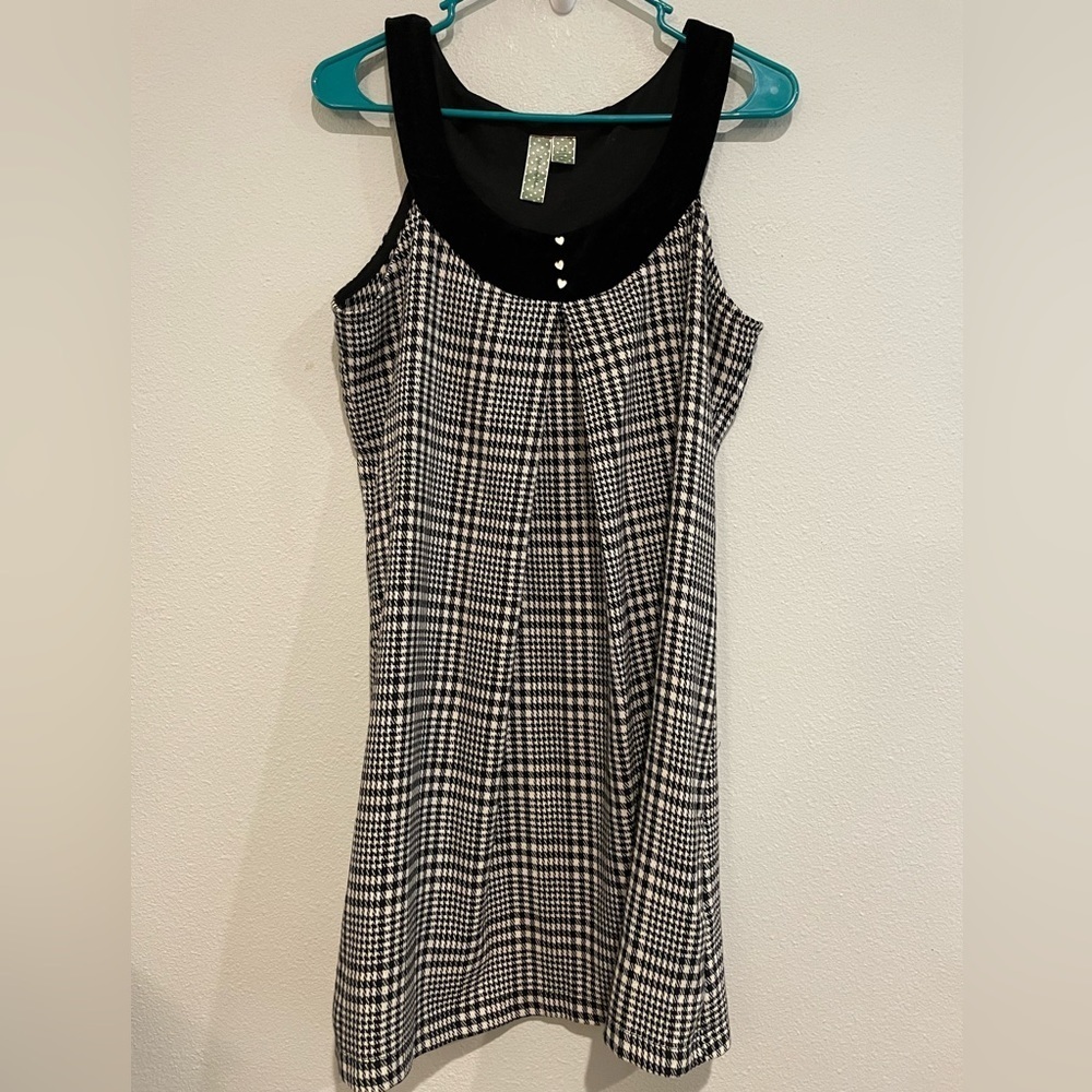 Johnny Martin black & white houndstooth print dress, black velvet colla…